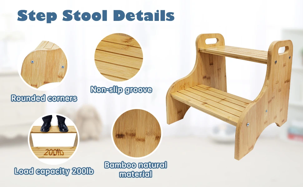 Kinderhocker aus Bambus – vielseitiger und robuster Hocker für Schlafzimmer, Badezimmer, Küche – Möbel für Kleinkinder und Kinder ab 2 Jahren – Detail 3
