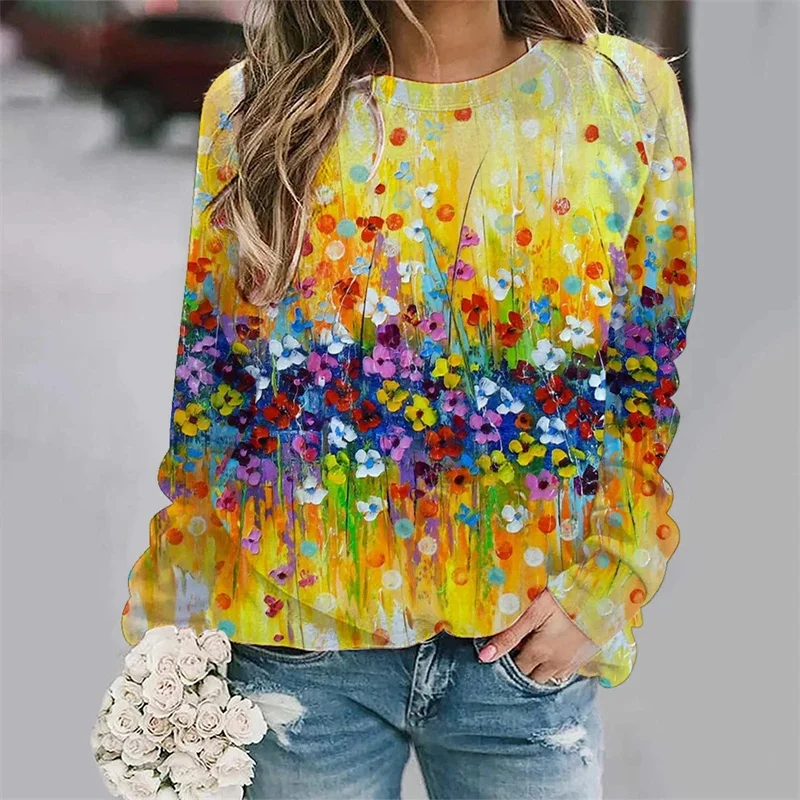 thumbnail image 1 of Nueva camiseta de manga larga con estampado gráfico de pintura al óleo para mujer, camiseta larga de calle con cuello redondo, camiseta holgada Y2k, 1 of 5