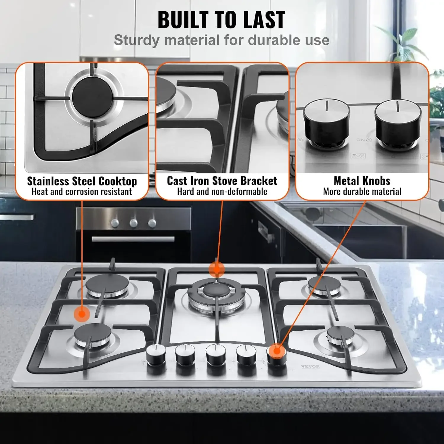 30-inch Gas Cooktop, 5 Burners Built-in Gas Stove Top, Max 12250BTU NG/LPG Convertible Stainless Steel Natural Gas Hob, with The 5