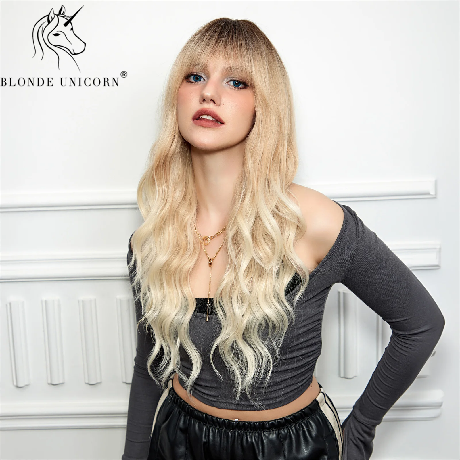 Blonde Unicorn Long Synthetic Ombre Brown Blonde Wig Wavy Wigs with Bangs Cosplay  Wigs for Women Party Use Heat Resistant Fiber