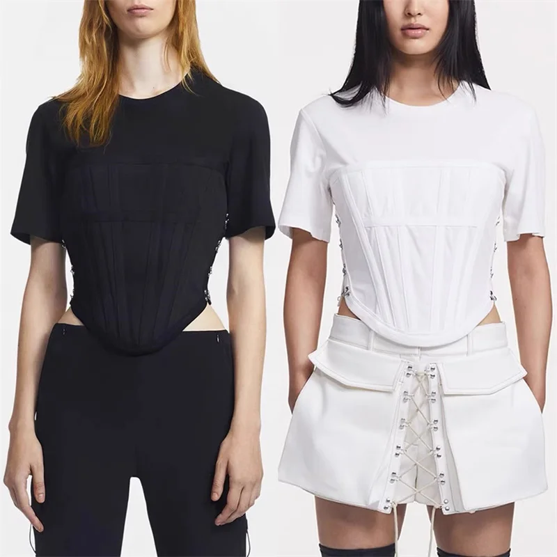 

T-shirts 2024 Summer New Fishbone Slim Fit Women's corset Elastic knitted short sleeved top y2k Pure cotton round neck pullover