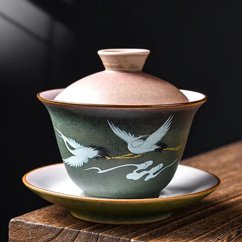 Retro Huancai Kiln Changing Crane Covered Bowl Creative Ceramic Household Tea Bowl Kung Fu Tea Set Bubble