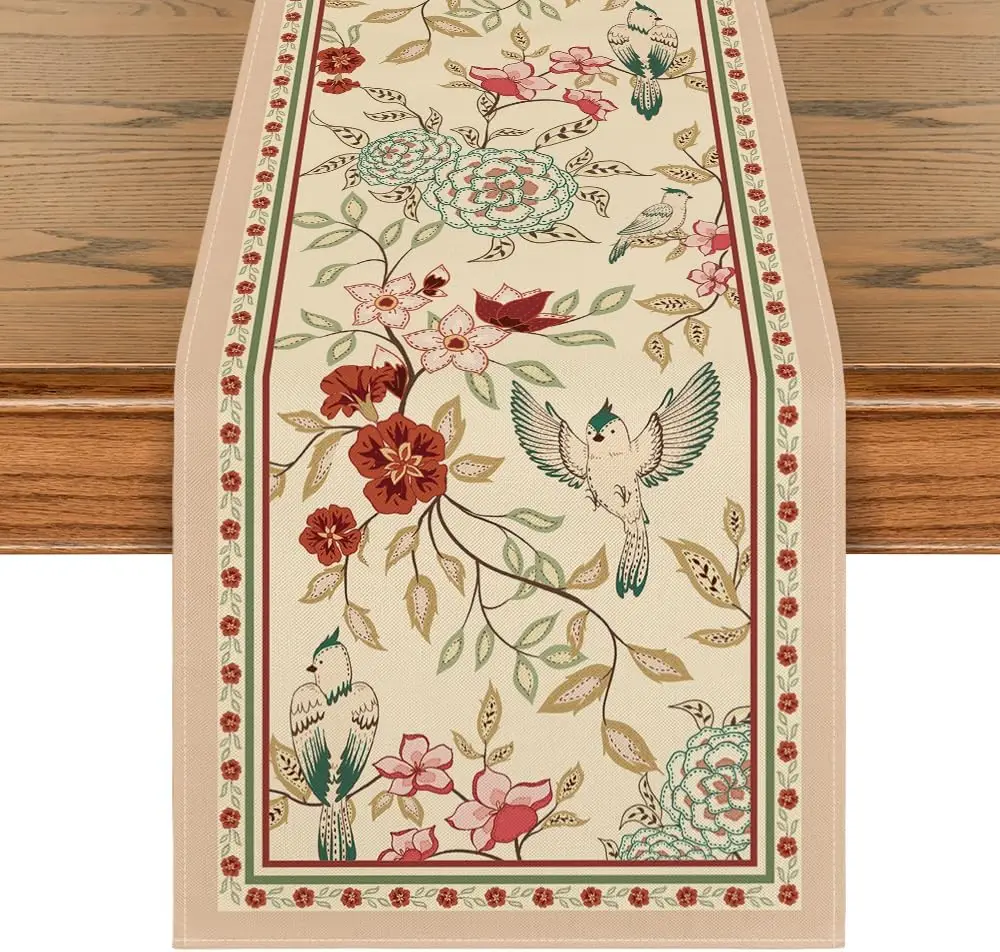 Floral Birds Linen Table Runner 1