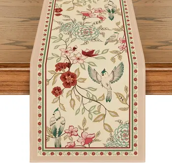 Floral Birds Linen Table Runner 1
