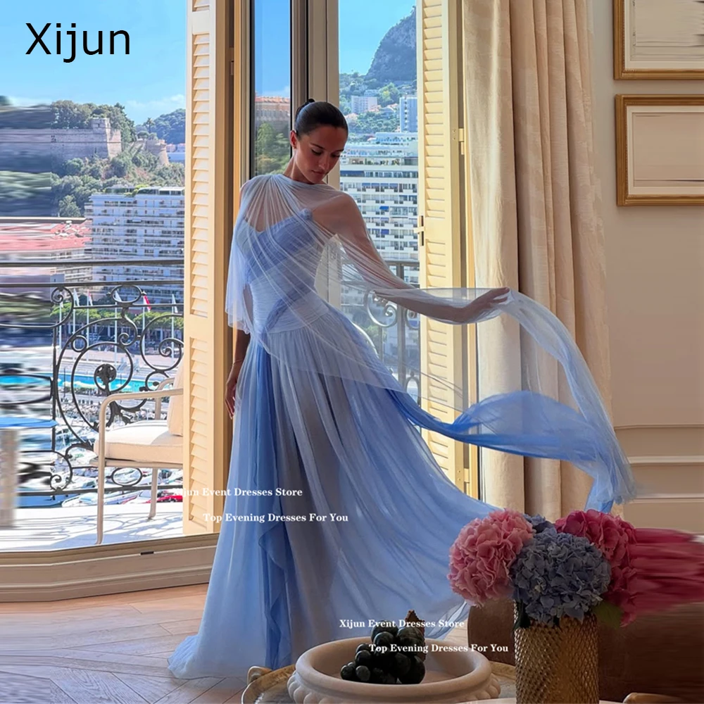 Xijun Elegant Blue Chiffon Evening Dresses Sweetheart Scarf A-Line Long Prom Dresses Pleated Sleeveless Prom Gowns 2025 Customiz