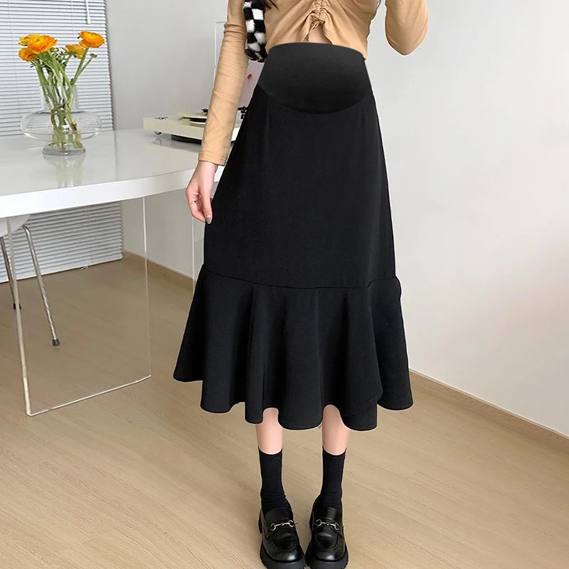 2230# Autumn Fashion Black Ruffle Maternity Skirts Elegant A Line Slim Belly Bottoms Clothes for Pregnant Women Pregnancy