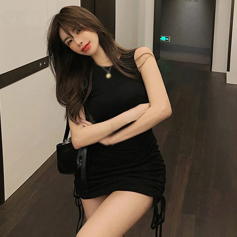 

Korean Version Of Slim Slim Drawstring Bag Hip Dress Female Summer Wild Short Waist Solid Color Sleeveless Vest Skirt
