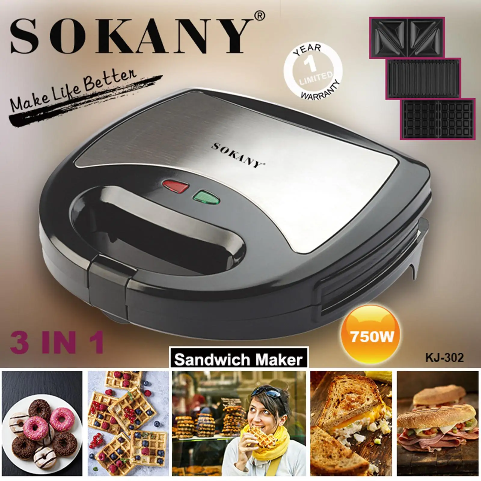 3 In 1 Electric Waffles Maker Sandwich Maker Machine Bubble Egg