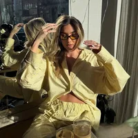 KONDALA Yellow Striped Print Women Suit V Neck Long Sleeve Loose Shirts+High Waist Wide Leg Pants Fashion 2025 Spring Autumn Set - Image 2