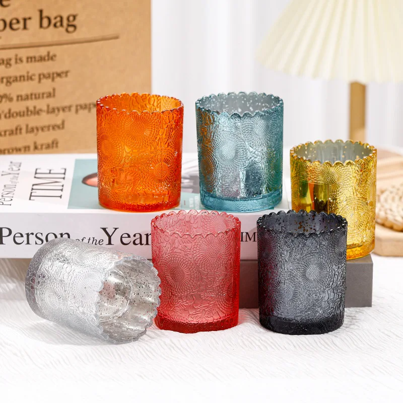 7pcs Candle Cups Embossed Glass Candle Containers Empty Round