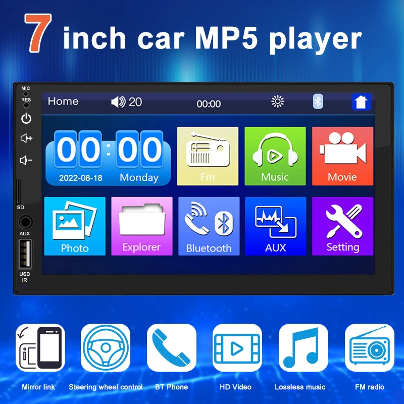 범용 7 인치 자동차 스크린, 2 딘 자동차 라디오 MP5 플레이어, 안드로이드 자동 USB 블루투스 TF 카드, HD 터치 스크린, 역방향 카메라 포함