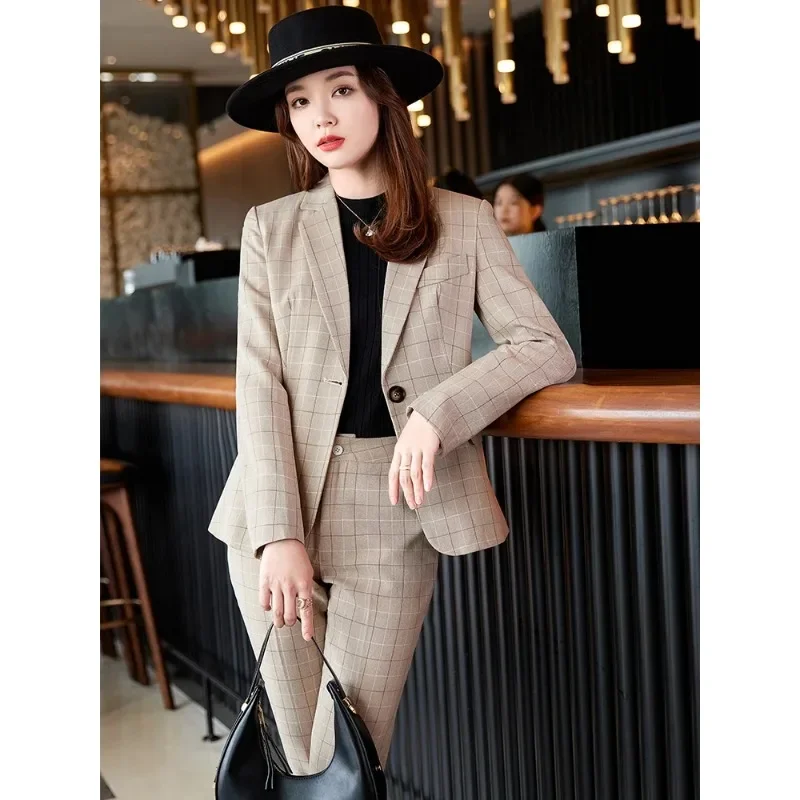 

Women Office Ladies Autumn Formal Pant Suit Khaki Blue Plaid Business Interview Work Wear Blazer And Trouser 2 Piece Set