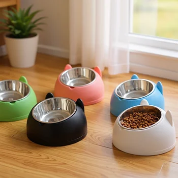 1pc Elevated Stainless Steel Cat Bowl, Inclined Food & Water Dish with Cute Ear Stand, Neck Protection Design for Cats