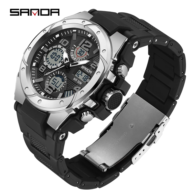 

SANDA Top Brand Sport Watch for Men Stainless steel Clasp Waterproof Alarm Digital LED Stopwatch Quartz Analog Wristwatch Male
