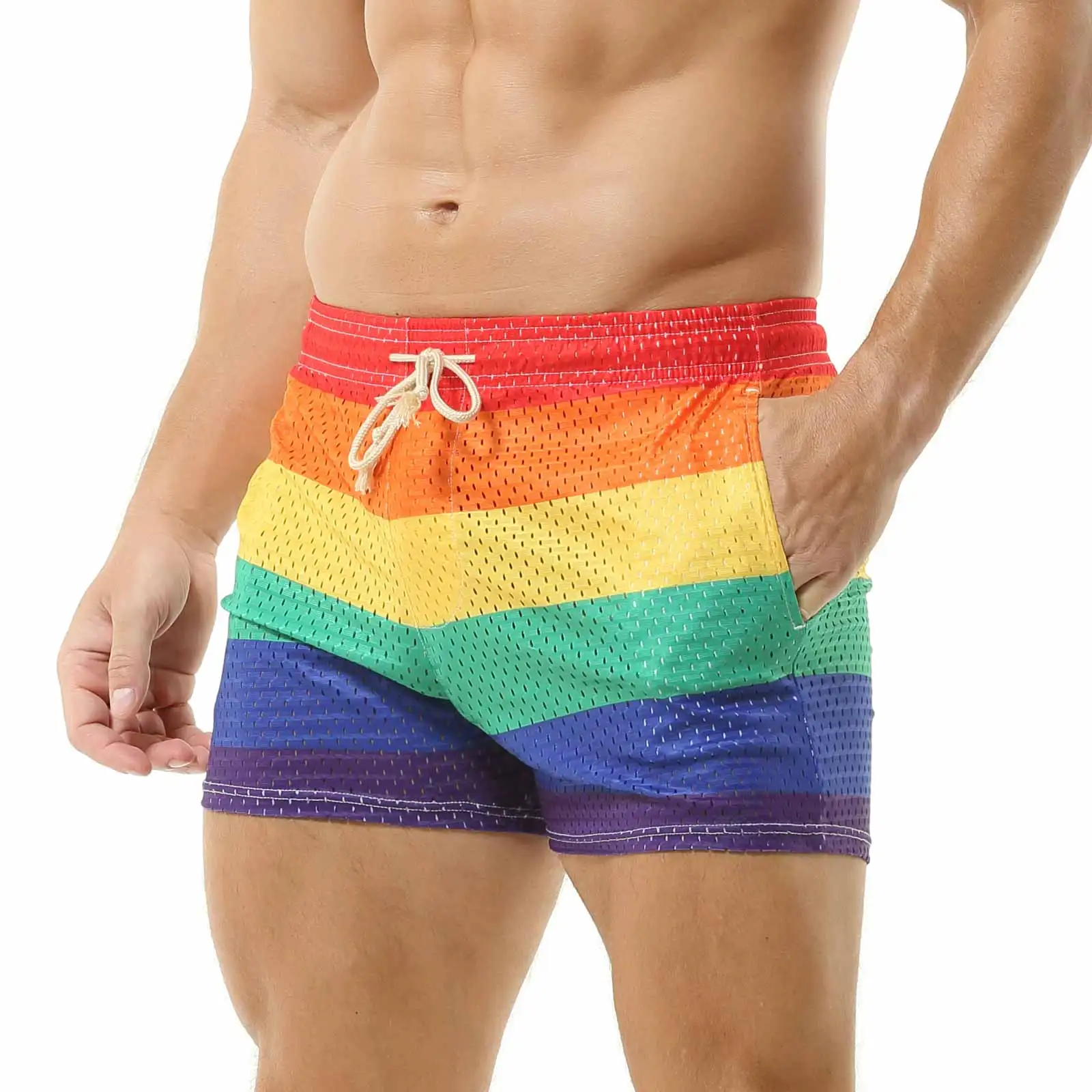 

CLEVER-MENMODE Men's Rainbow Tether Mesh Breathable Casual Shorts Pocket Loose Thin Home Shorts Beach Boxers