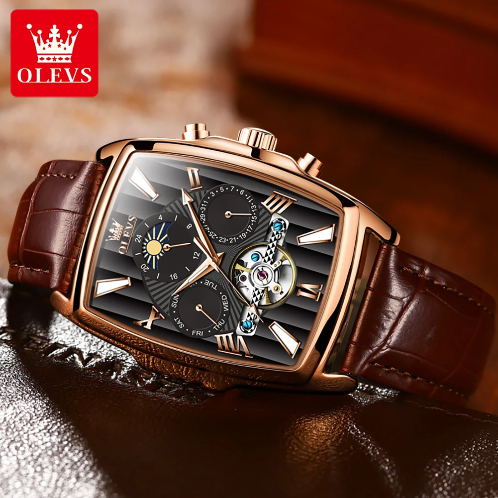 OLEVS New Skeleton Tourbillon Watches Mechanical Automatic Watch Men Sport Clock Casual Business Moon Wrist Watch Relojes Hombre