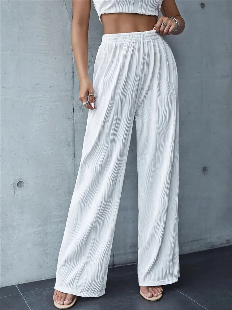 

Street Style Y2K Casual High Elastic Waist Trousers Streetwear 2023 Solid White Rib Knit Wide Leg Pants Women Spring Summer High
