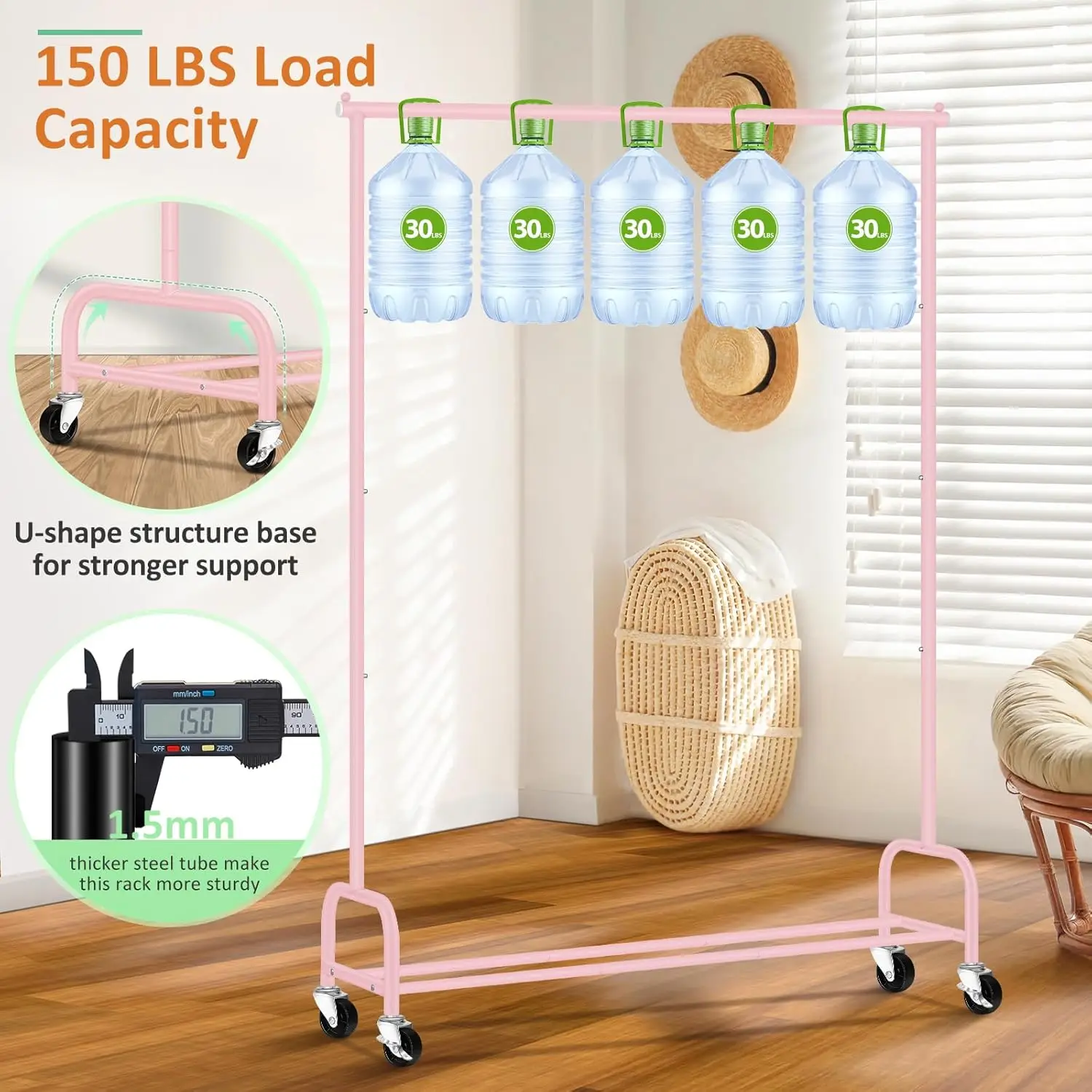 Heavy Duty Clothing Racks for Hanging Clothes Rack, 43" Wide Rolling Garment Rack Metal Clothing Hanger Rack with Wheels Wardrob 6