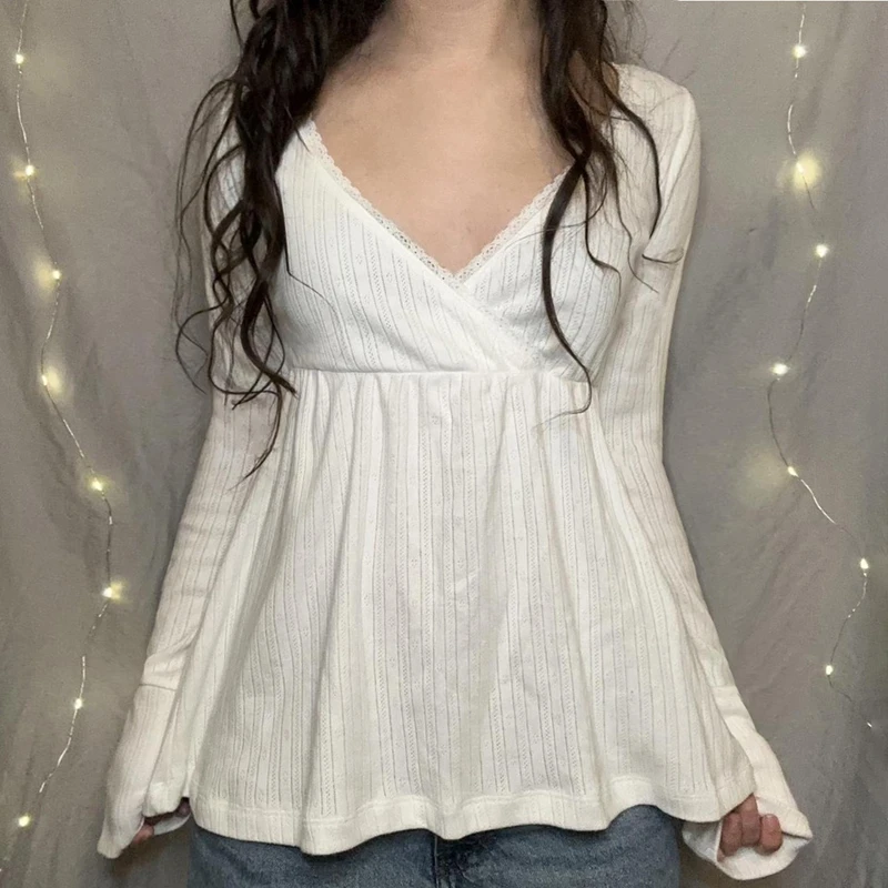 Women Fairy Y2k Cottage T-shirt Coquette V Neck Long Sleeve Babydoll Tees Autumn Spring Casual Pullovers Tops Vintage Clothes 1