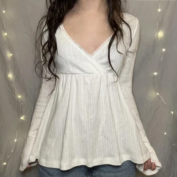 Women Fairy Y2k Cottage T-shirt Coquette V Neck Long Sleeve Babydoll Tees Autumn Spring Casual Pullovers Tops Vintage Clothes 1