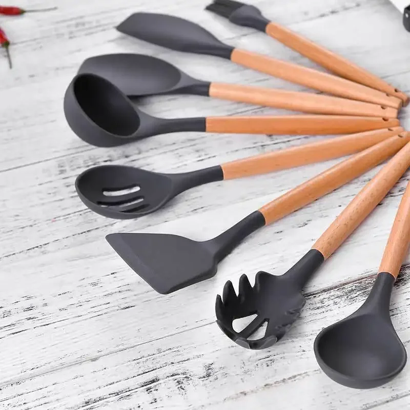 Silicone Wooden handle Turner Soup Spoon Spatula Brush Scraper Pasta Egg Beater Kitchen Utensils Non-stick pan Kitchen Cooking Tools Kitchenware