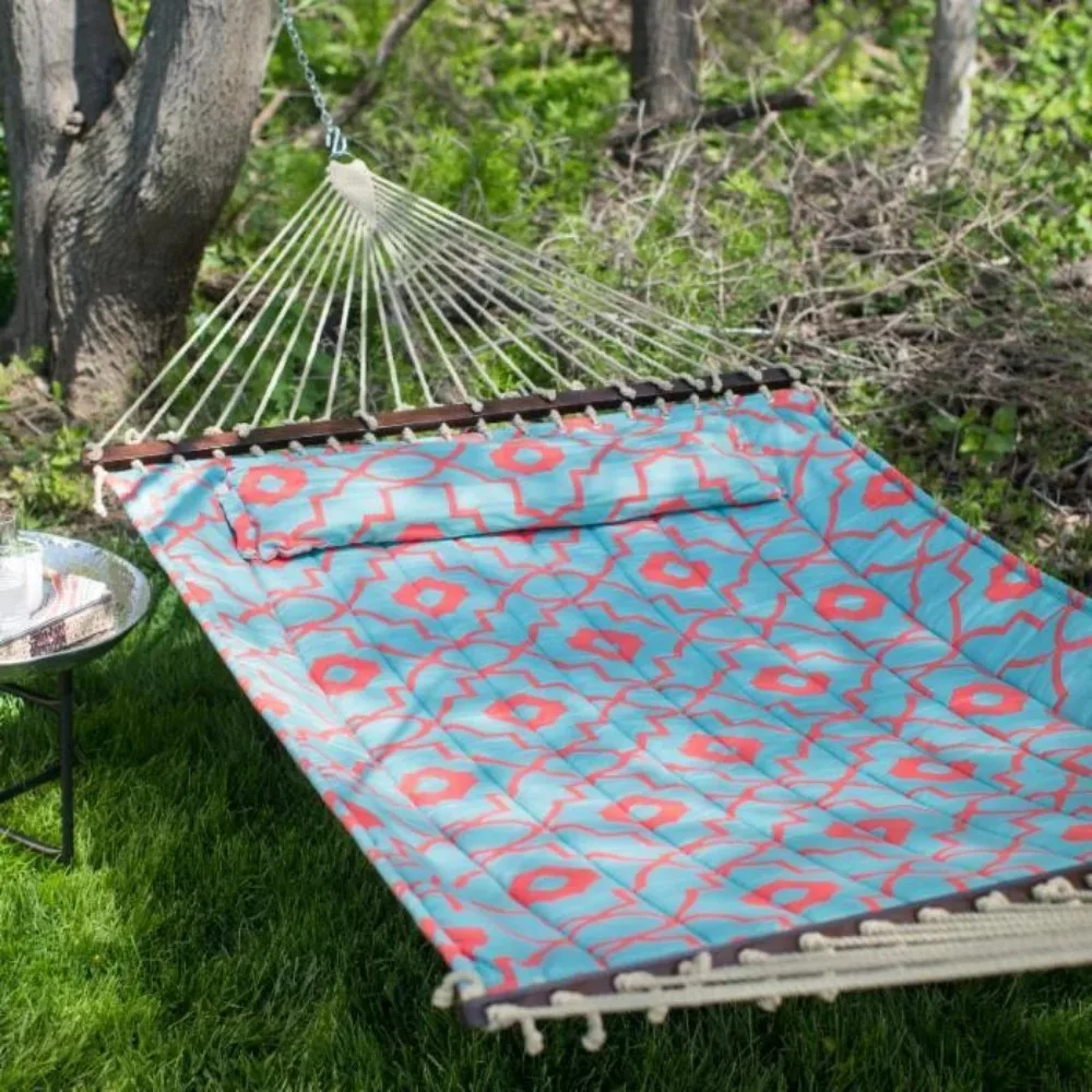 

Hanging Hammock Stand Morrocan Quilted 2 Person Hammock Product Assembled Size 145.65 Ft L X 55 Ft W Coral and Spa Blue Color