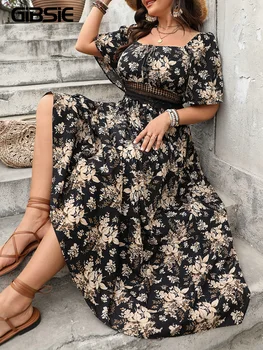 GIBSIE Plus Size Square Neck Floral Print Maxi Dress Women Summer 2026 Knot Front Hollow Out Boho Vacation Big Swing Dresses