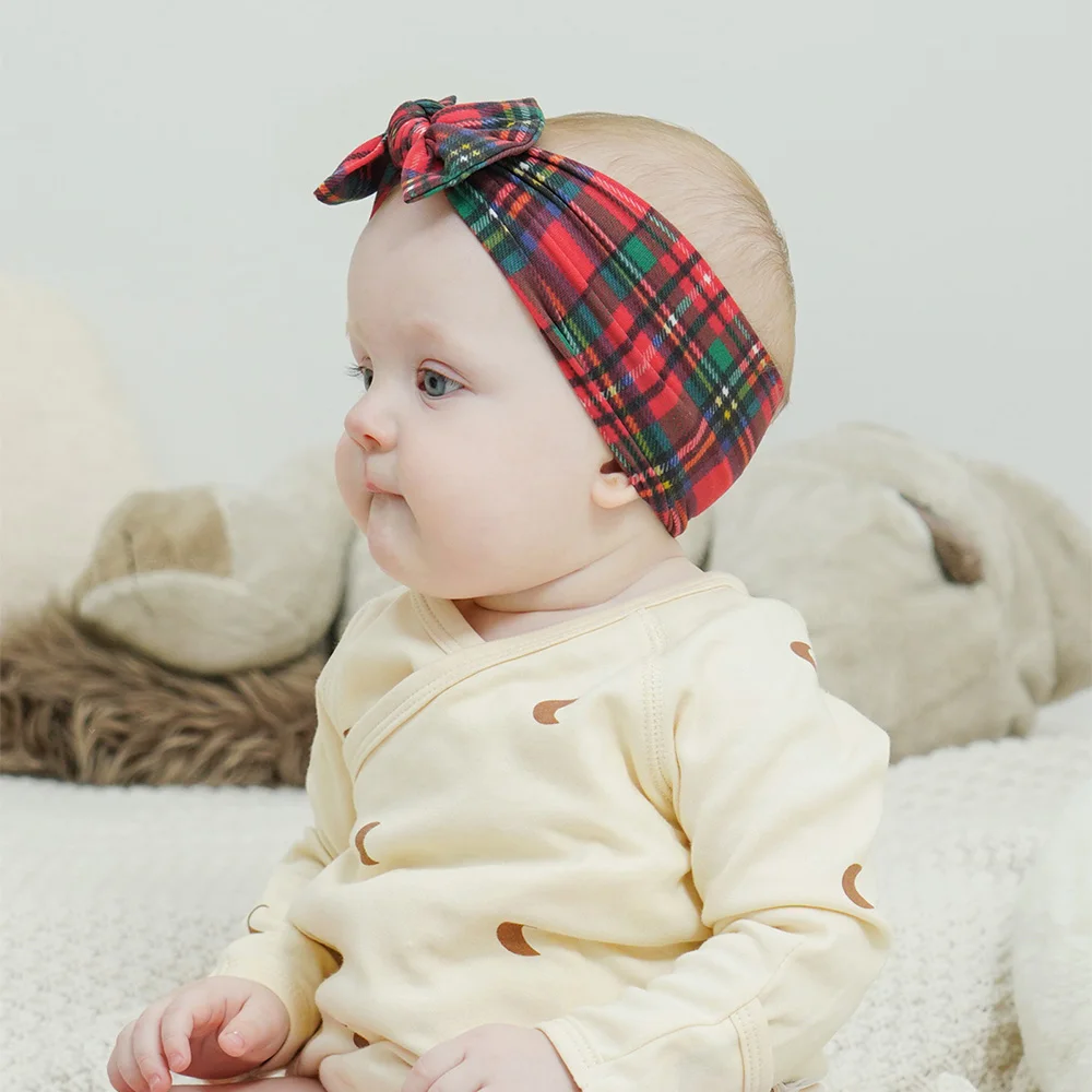 1pcs 5colors Amazon's new red plaid baby soft elastic headband fabric baby bow headband Hair Accessories 3