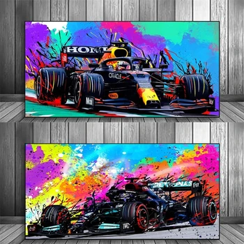 Pittura su tela colorata popolare moderna, auto da corsa F1, arte della parete, poster graffiti, immagine per soggiorno, decorazioni per la casa