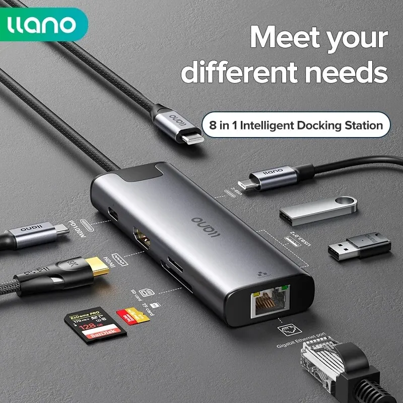 Llano USB-C 허브 충전 어댑터, TF SD 판독 카드, USB 분배기, 8 in 1, HDMI, USB3.0, RJ45, 1000Mbps, PD100W 