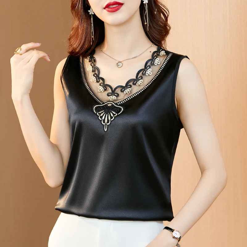 

#1266 Black White Office Satin Tank Top Women V-neck Hollow Out Embroidery Sleeveless Tshirt Outwear Silk Top Female Elegant