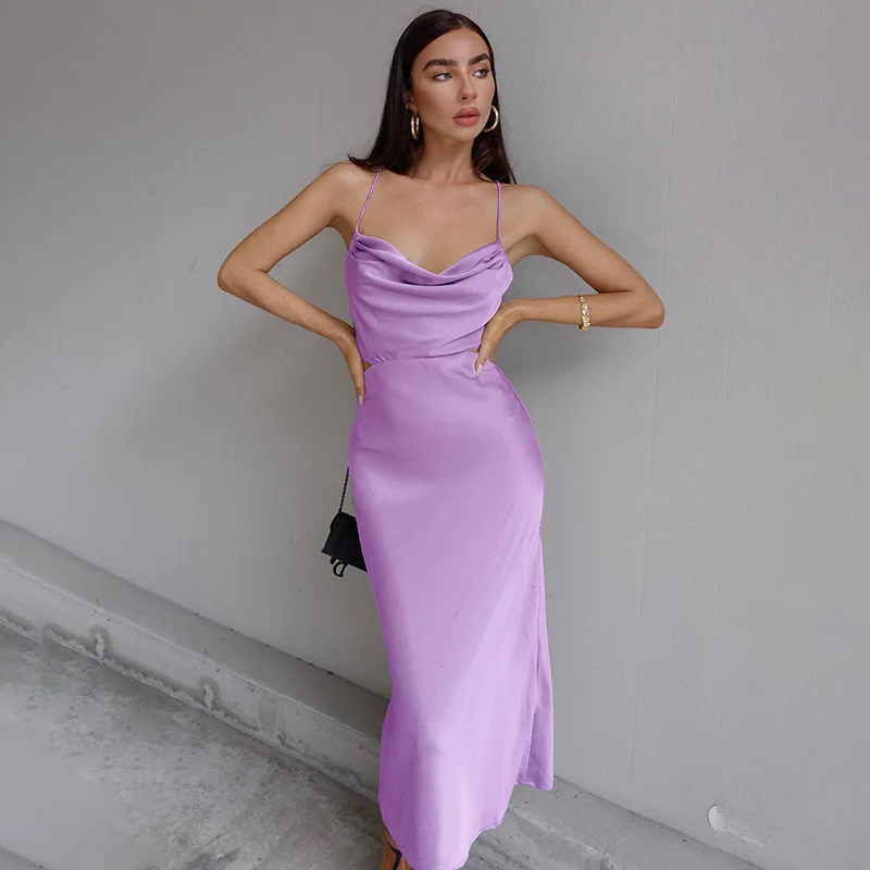 Fashion Spring Summer Dress for Women 2022 Sexy Backless Square Neck Strap Satin Evening Party Dresses Temperament Clothing |
