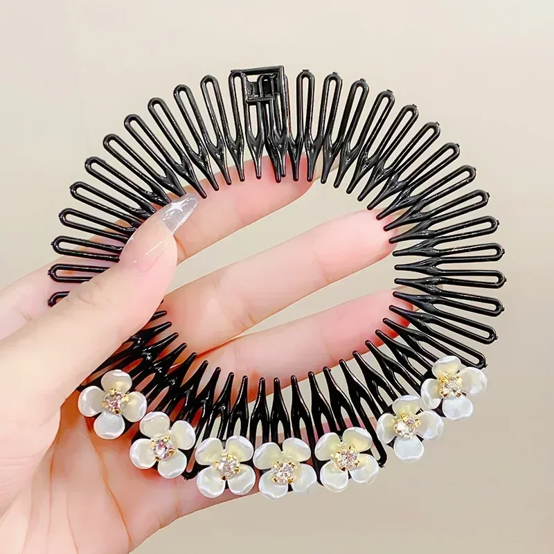 Womens Black Scrunchie Hairband for Girls Plastic Pearl Rhinestone Headband Wavy Hair Hoop Washing Face Fixed Hair Accessories