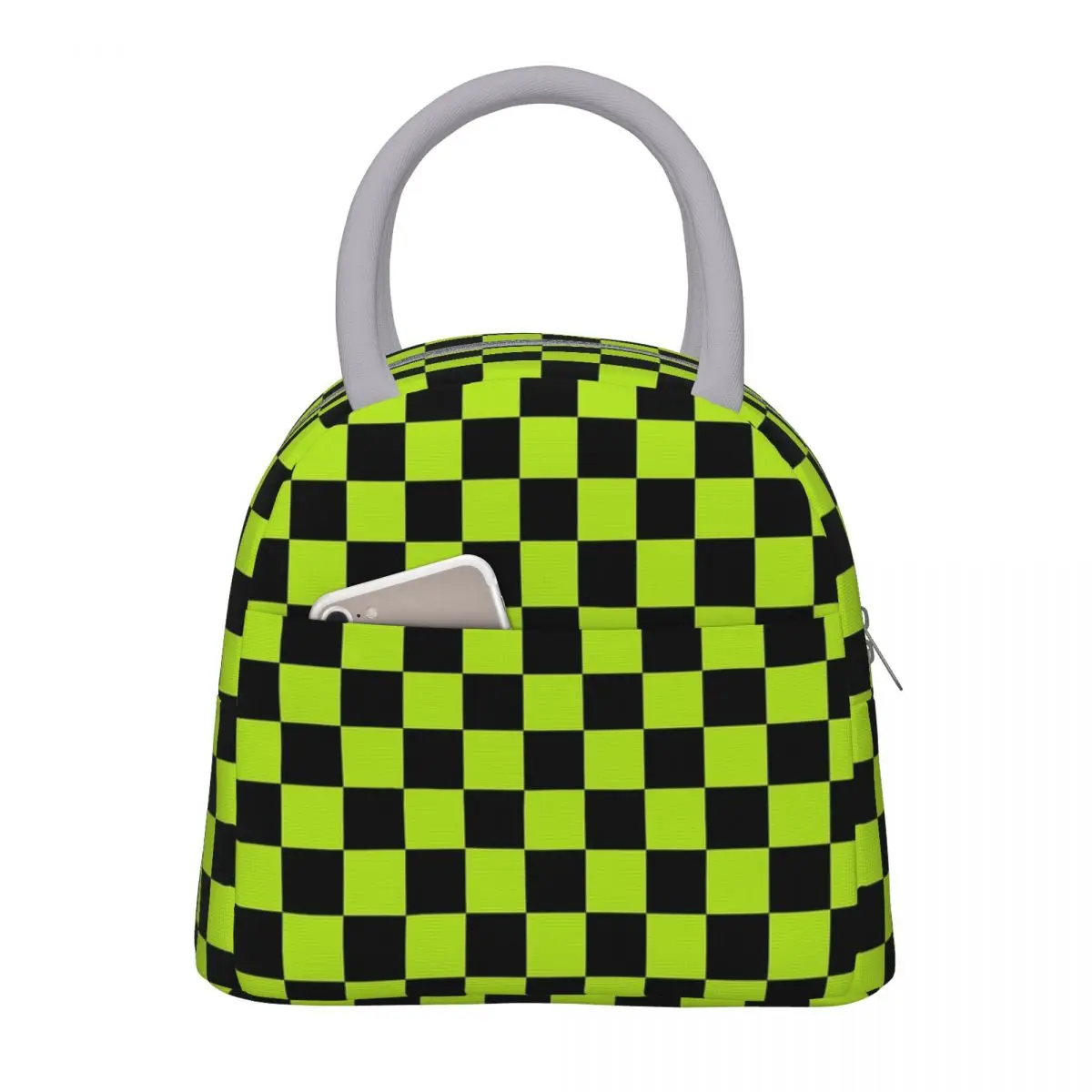 

Checkered Lime Green And Black Insulated Lunch Bag Lunch Container Thermal Bag Tote Lunch Box Work Travel Bento Pouch