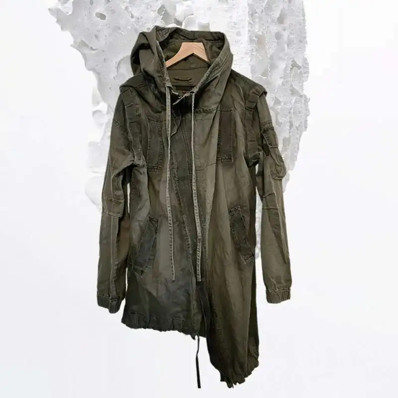 HKSH Spring New Men Tide Waste Land Punk Asymmetric Deconstruction Silhouette Trench Hooded Dyeing Vintage Cotton Jackets HK4207