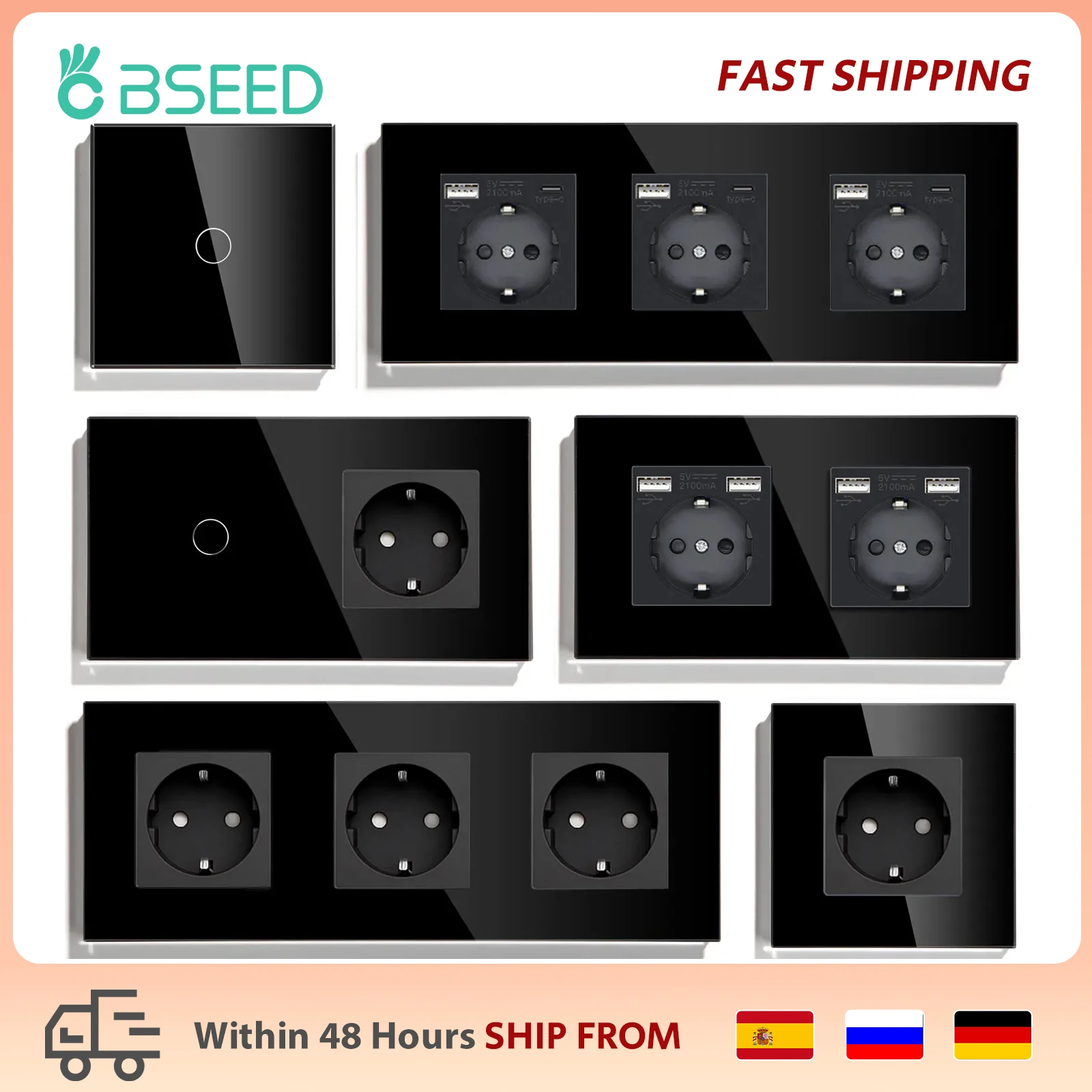 BSEED Touch Light Switch With EU USB Wall Sockets Black Wall Led
