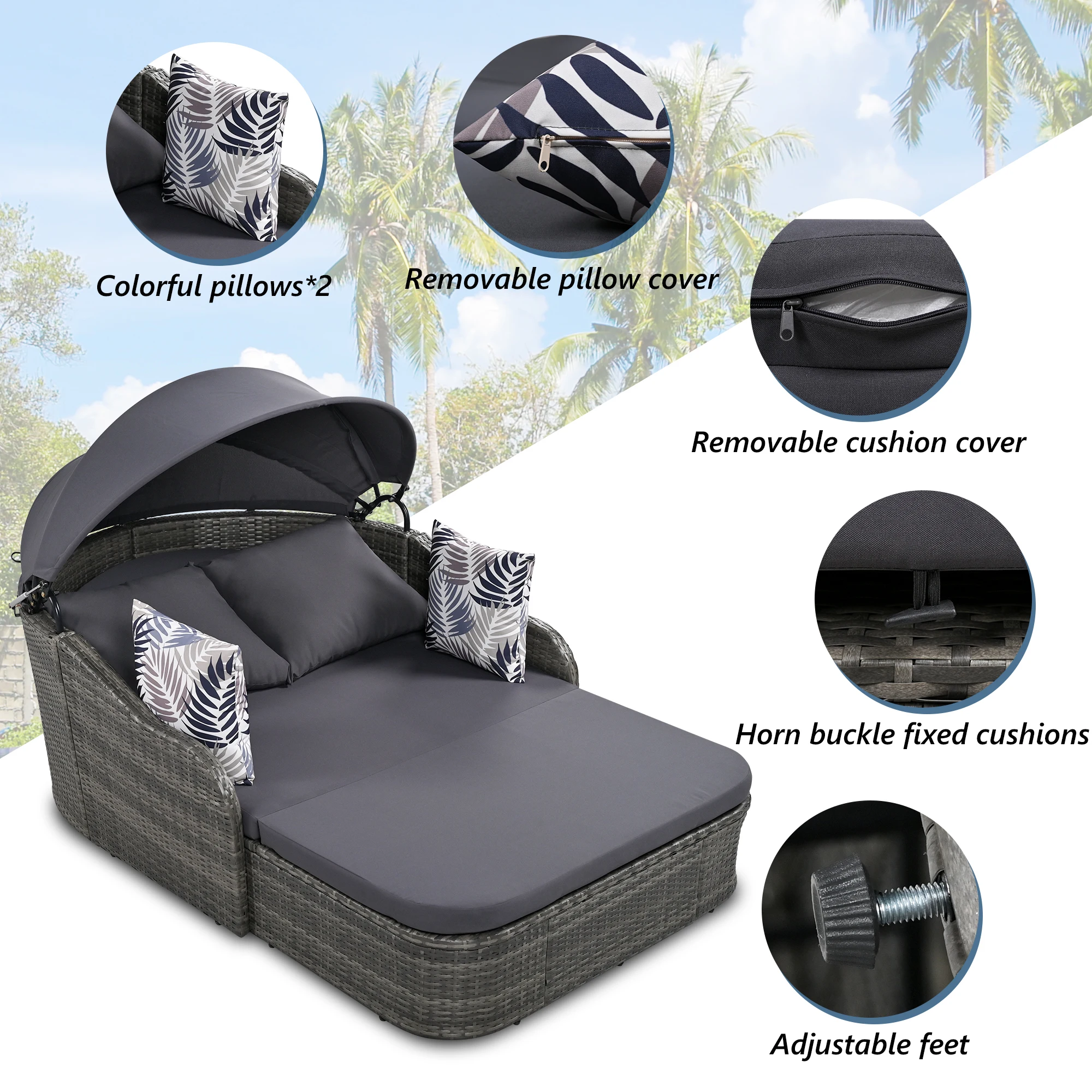 79.9" Outdoor Sunbed with Adjustable Canopy, Double lounge, PE Rattan Daybed, Gray Wicker And Cushion 5