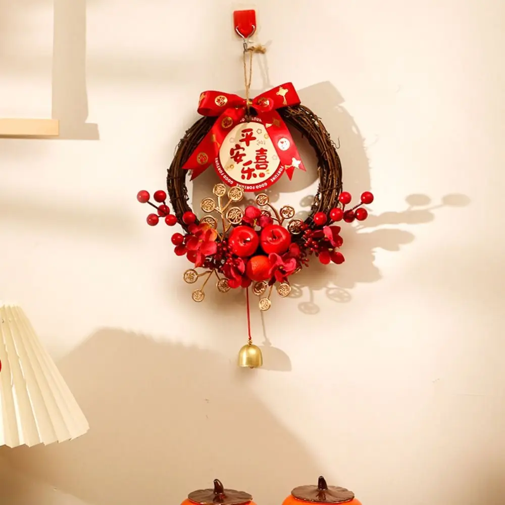 Traditional Chinese New Year Wreath Decorative Exquisite Hanging Wreath with Bell Rattan Artificial Floral Wreath Porch