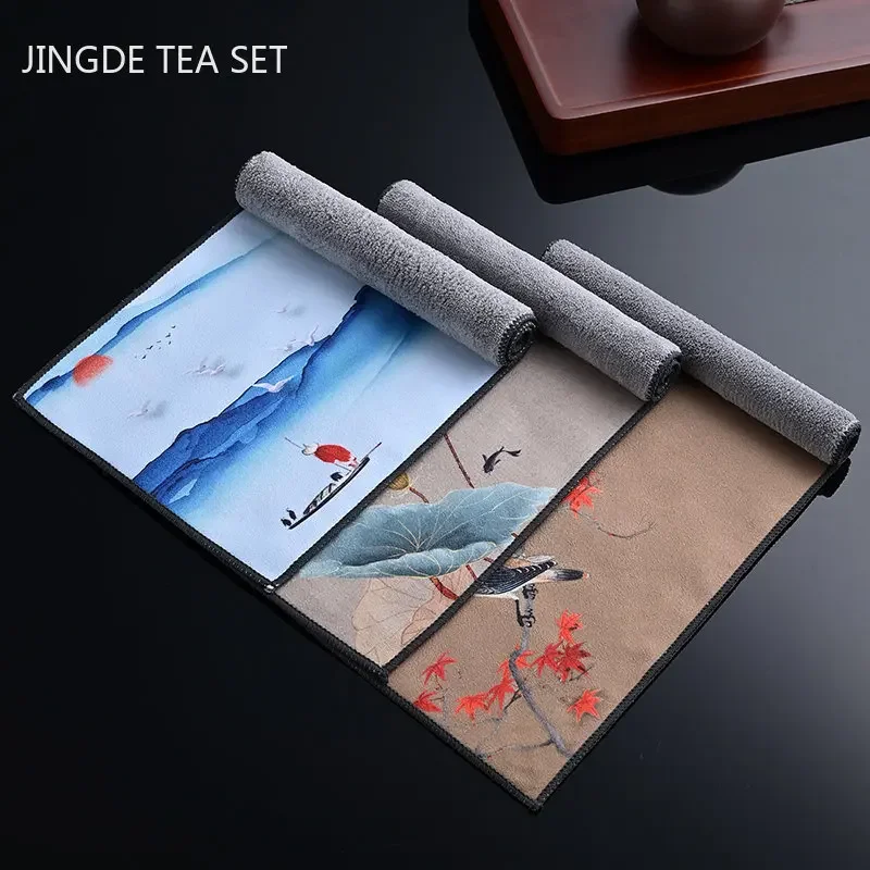 High-grade Thickened Plush Absorbent Tea Towel Painted Zen Tea Cloth Special Tea Table Rag Home Cleaning Tools Kitchen Towel