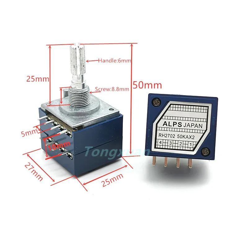 1pc RH2702 Resistance Stepping Dual-unit Channel Audio  Volume Control Potentiometer A50Kx2 A100Kx2 A250Kx2 8Pins 25mm Plum Axis smart wall switch