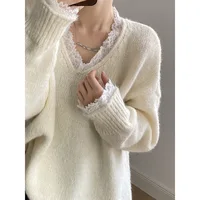 Lace Trim Warm Sweater for Women V Neck Long Sleeve Winter Loose Soft Top Knit Sweater - Image 5
