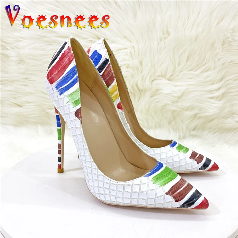 

New Colorful Graffiti High Heels Fashion Pointed Toe Sexy Women Shoes White Snake Skin Pattern 12CM Stiletto Pumps Size 34-43