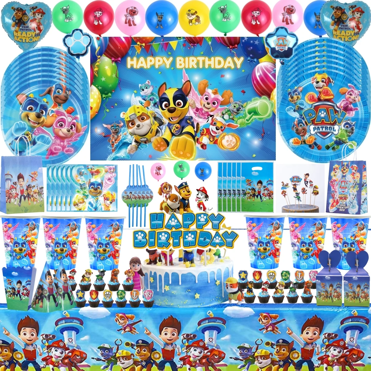 

PAW Patrol Birthday Party Decoration Plastic Straws Plate Napkin Stickers Cartoon Dog Balloons Cake Topper Decors Event Supplies