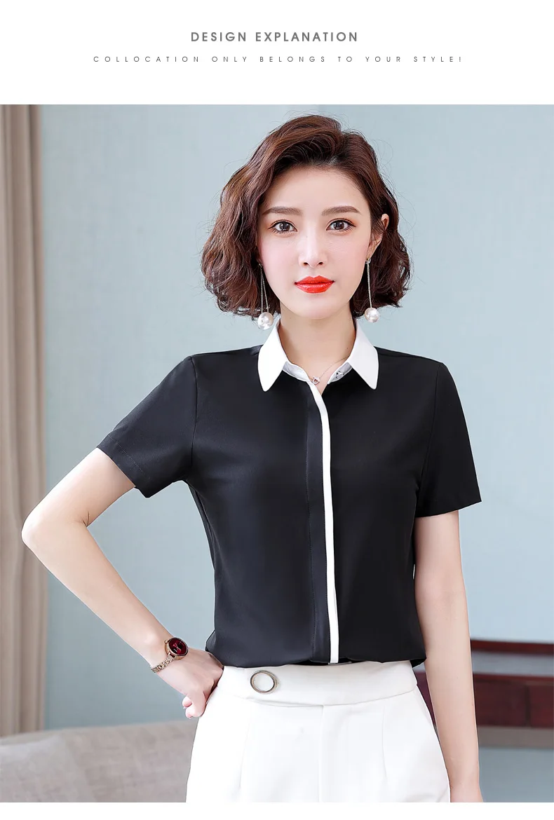 Summer New Women'S Short Sleeved Patchwork Temperament Chiffon Shirt Korean Fashionable Versatile Lapel Professional Top Female