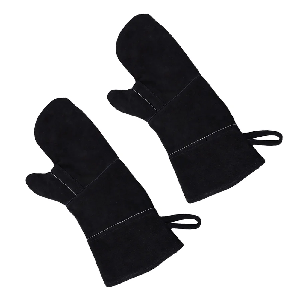 

Prevention Gloves Insulated Barbecue Gloves BBQ Gloves Anti-scald Cowhide Gloves for Fireplace Camping Use Black