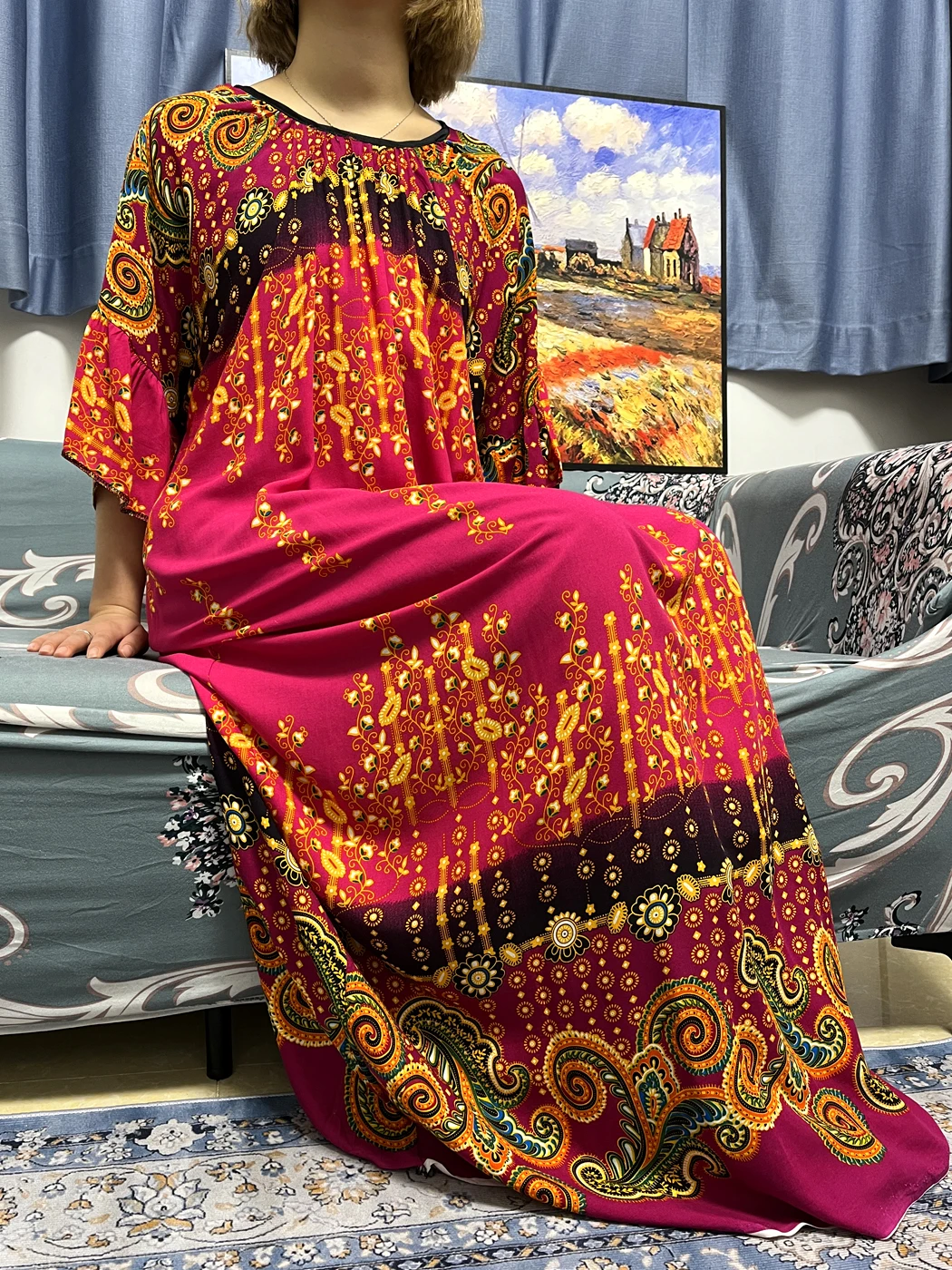 Muslim Abayas For Women Dubai Turkey Print Floral Round Neck Loose African Dress For Women Kaftan Marocain Femme Robe Big Scarf