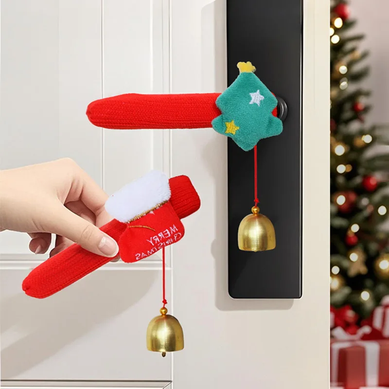 Festive Christmas Door Handle Covers with Bells - Soft Holiday Décor Accessories
