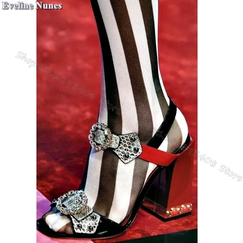 

Red Crystal Buckle Decor Sandals Square Toe Chunky Heels Retro Style Women Shoes Stylish Party Sandals 2024 Zapatos Para Mujere