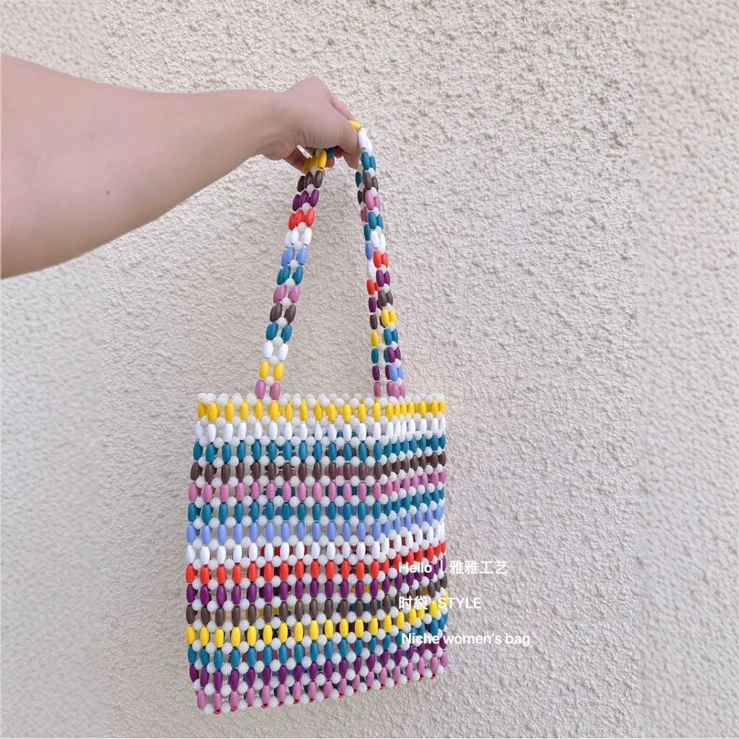 Handmade Pearl Bead Handbag Lady Tote Luxury Handbag Box Evening Bag Vintage Female Top-handle Purse Chic Ins Box Bag