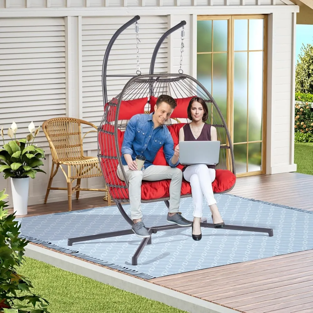Indoor Outdoor Egg Hanging Chair with Stand - Double Patio Wicker Swing & Hammock Chair 2